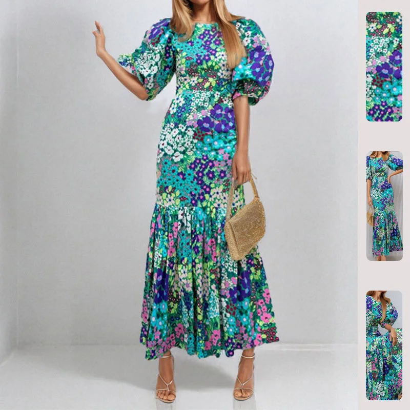 

FL Summer New Women Fashion Waist Slim Printed Pleated Long Dress Soft Light Breathable Chic Daily Casual Beach Outdoor Holiday