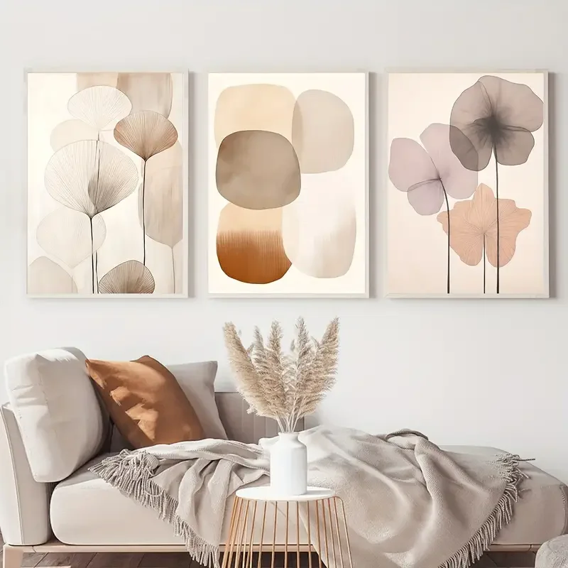 3pcs Unframed Abstract Beige Canvas Poster, Simple Flower Japanese Painting, Wabi-sabi Ali Geometric Canvas Wall Art, Artwork Wa