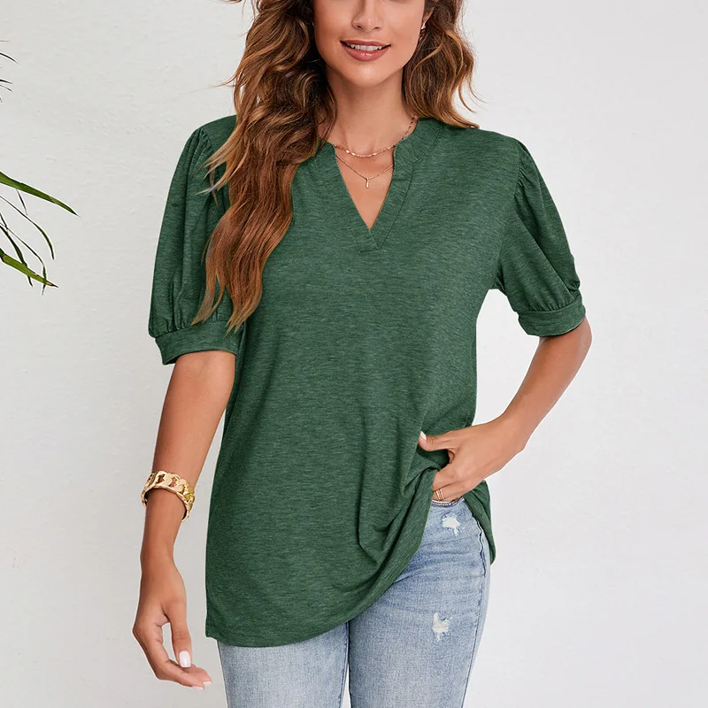 2023 Summer Women New T-Shirt Casual V-Neck Solid Bubble Sleeve Loose Top Casual Versatile Bottom