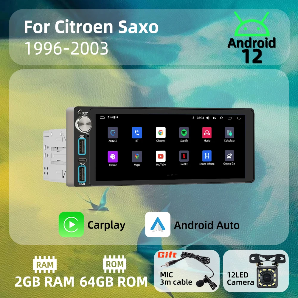

Автомобильное радио Carplay Android, автомобильное мультимедиа для Citroen Saxo 1996-2003, 6,86 дюйма, экран, 1-диночное радио, стерео головное устройство, GPS-навигация