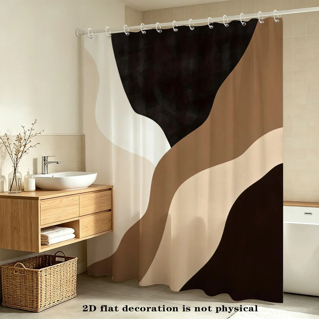 2D Flat, 2D Flat, 2D Flat Shower Curtain 1pc Earth-Toned Block Easy Abstract Curtain, Earth-Tone Minimalist Artistic Style, Poly