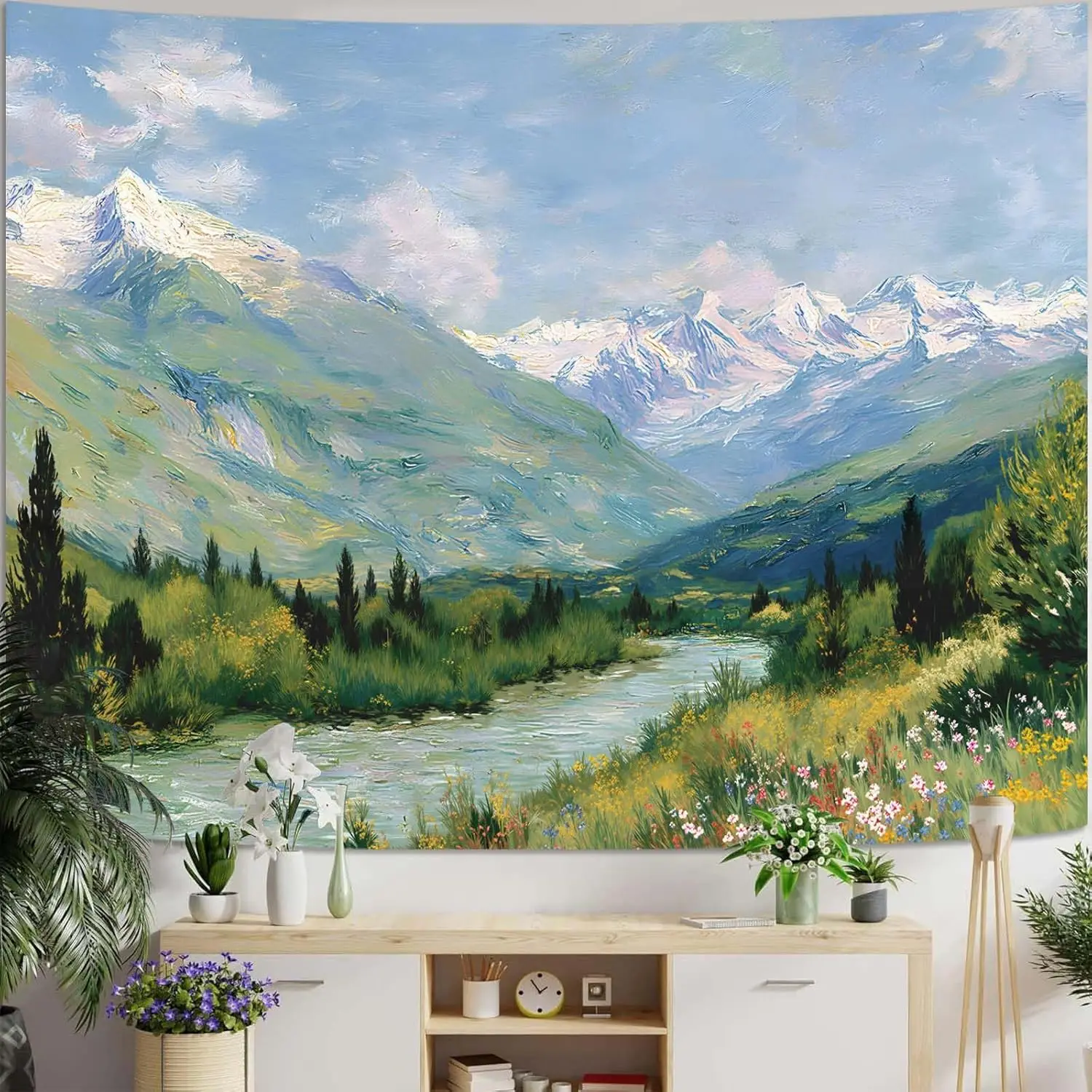 Tapestry Alpine Mountain River Landscape Oil Painting Wall Art Artistic Hand-Painted Look Fine Art Meadow Flowers Decor