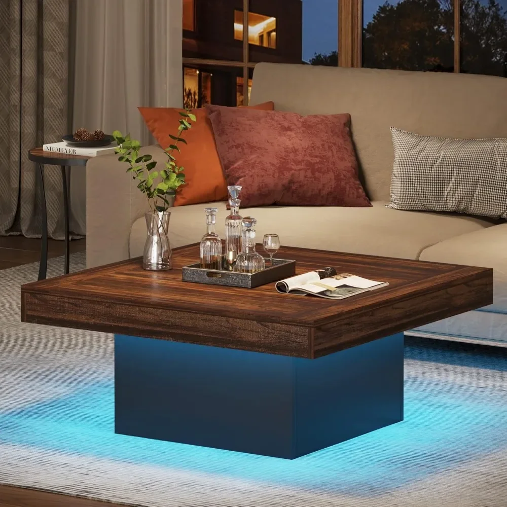 Couch tisch quadratisch LED Couch tisch aus Holz niedriger Couch tisch für Wohnzimmer (rustikal braun schwarz)