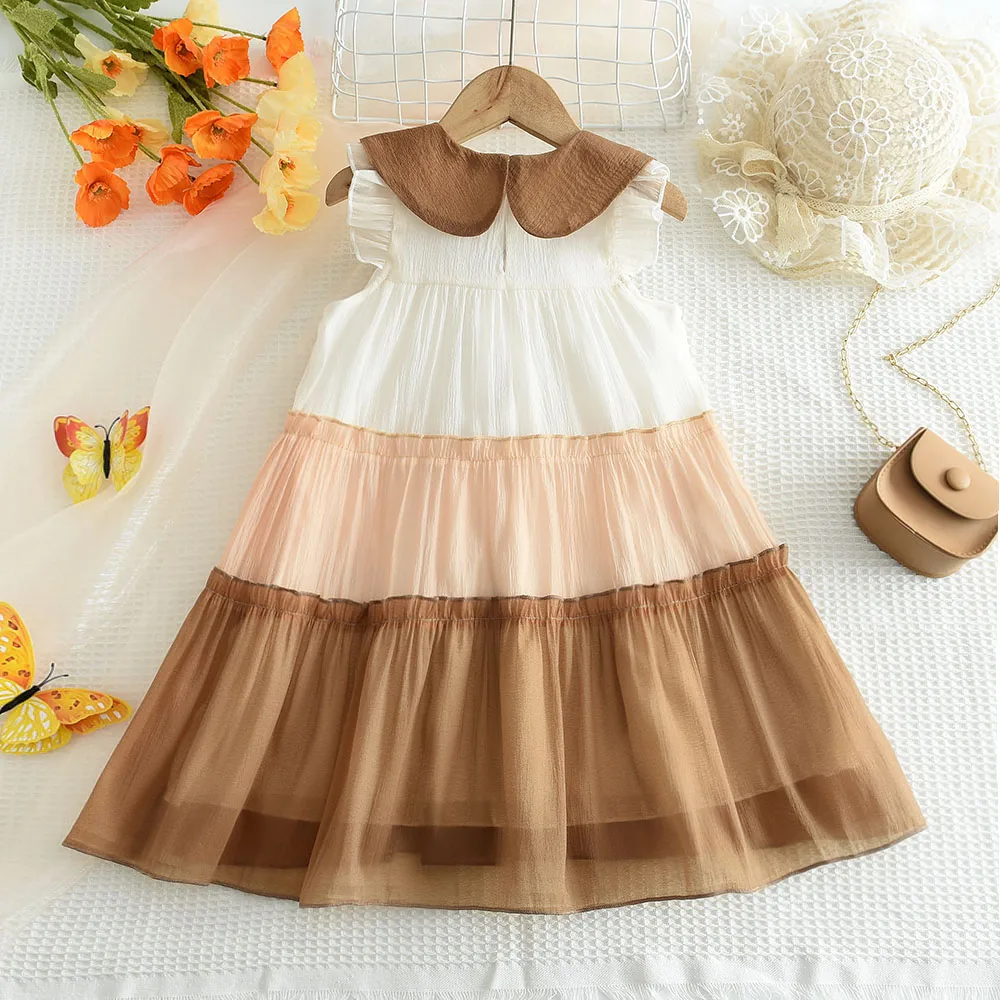 Girls Summer Fashion Patchwork Clothing Sleeveless Turn-down Collar A-Line Princess Dress 1 Pc 2-6 Years Kids Daily Casual Wear