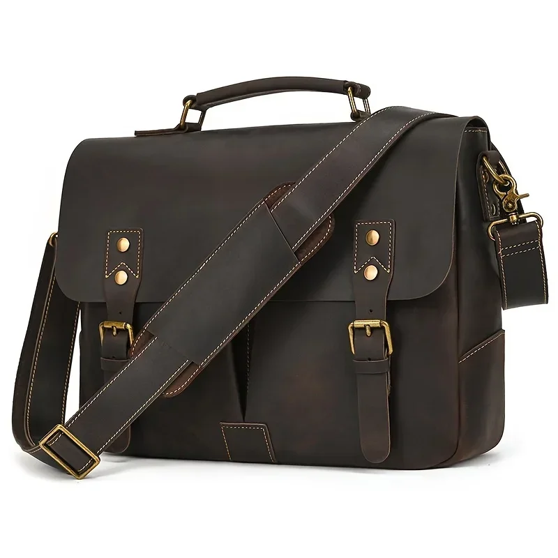 Men’s Vintage Genuine Cow Leather Business Briefcase, Soft Laptop Shoulder Bag, A4 File & Document Computer Handbag