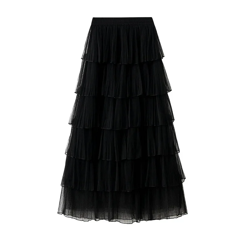 New Summer Korean Mesh Midi Skirt Women 2024 Autumn Super Fairy Layer-by-Layer Cake Skirt Female Long Over-the-Knee Beach Skirts