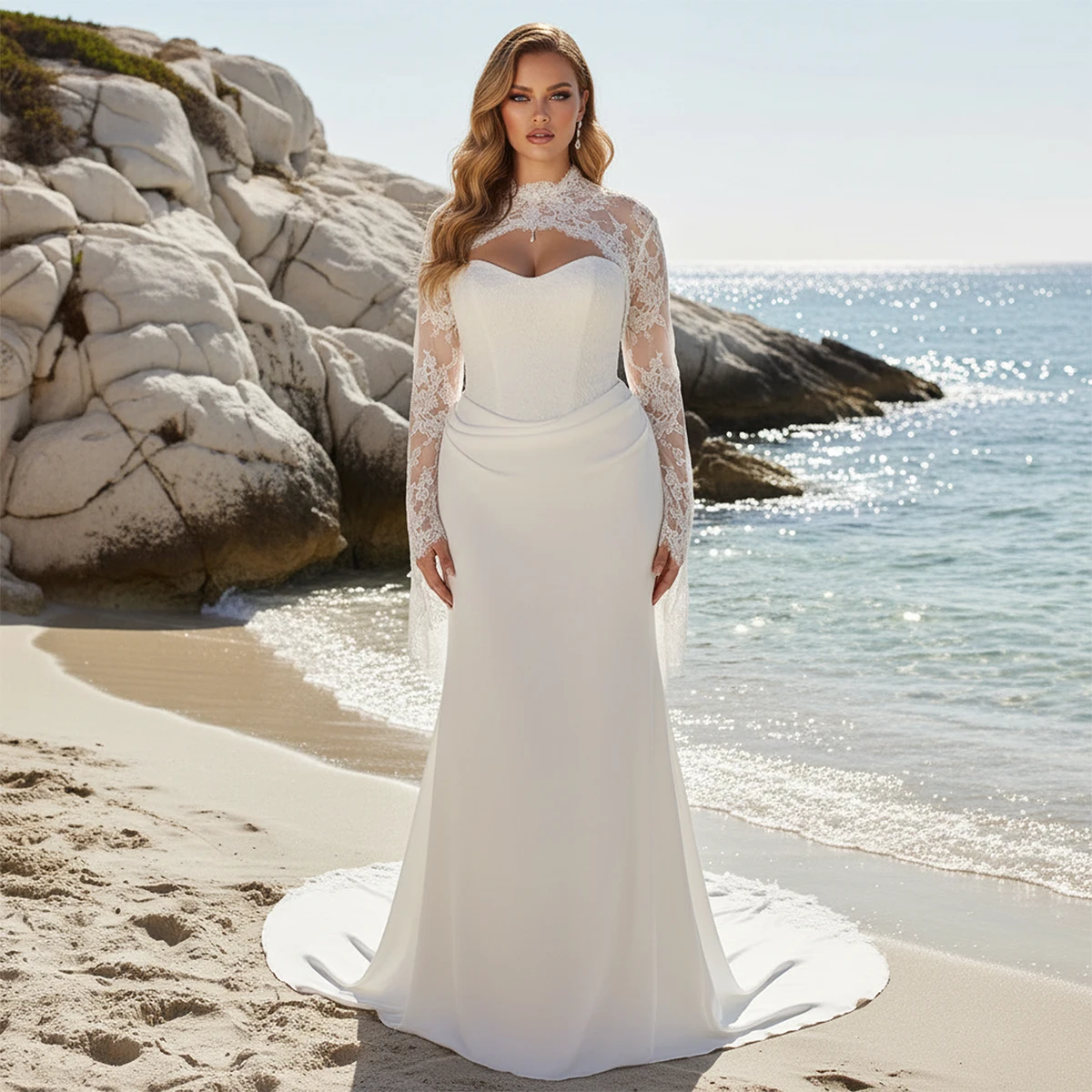 

Романтическое кружевное свадебное платье с отстегивающимся плащем, длинное атласное платье-русалка для невесты, с аппликациями, Vestidos Novia