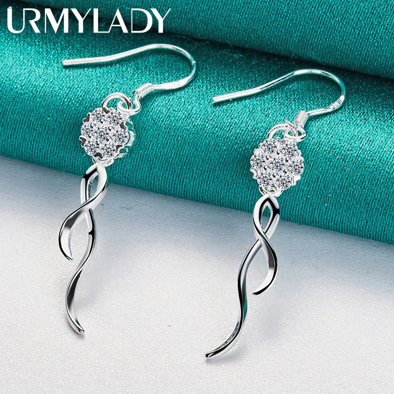 URMYLADY 925 Sterling Silver Zircon Wave Earrings Eardrop for Women Fashion Wedding Engagement Charm Jewelry