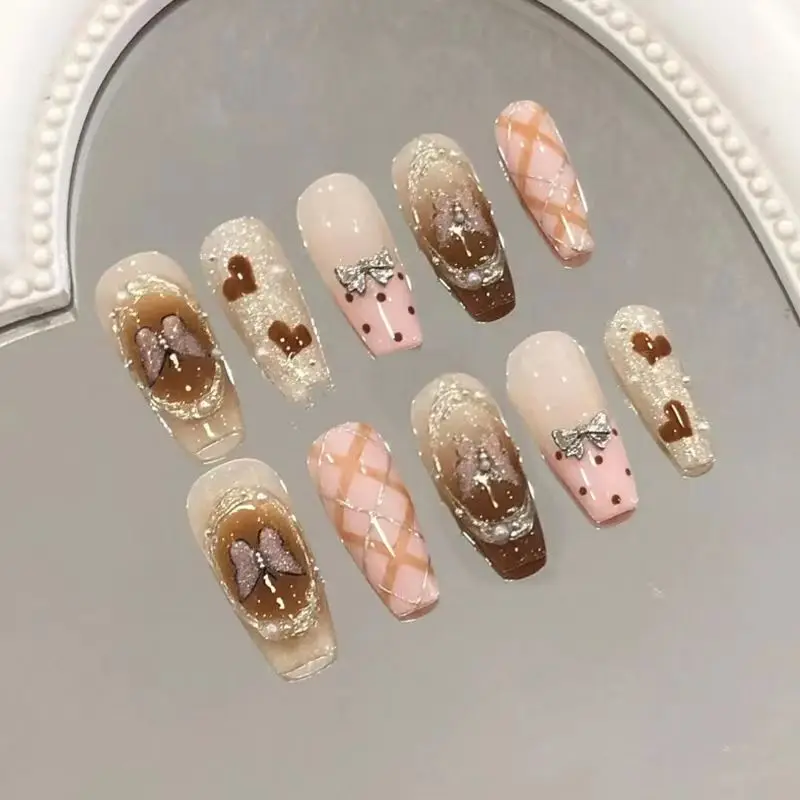 Handmade Nail Art Autumn and Winter Advanced Butterfly Magic Mirror Pink Plaid White Removable Nail Art Patch