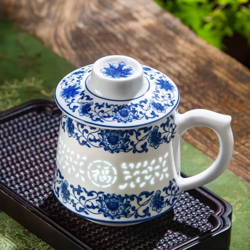 

ceramic brewed tea cup for men's father, entangled branch blessing cup - blue and white exquisite tea leak cup - gift box