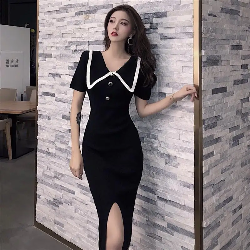 2024 Summer Sexy French Slit Knit Dress Female Slim Tight-fitting Hip-knit Over-the-knee Dresses Short Sleeves Thin knit Skirt