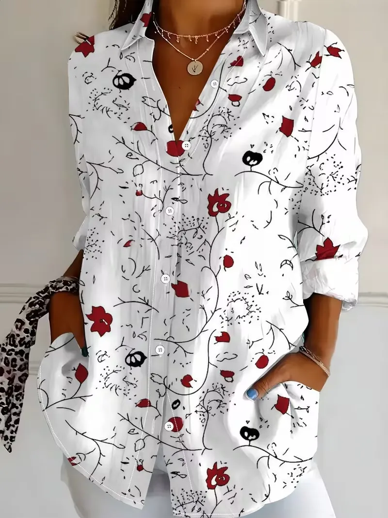 Women Long Sleeve Shirt Fashion Christmas Party Floral Printing Blouse Elegant Graphic Casual Daily Wear Spring Fall Blouse Tops