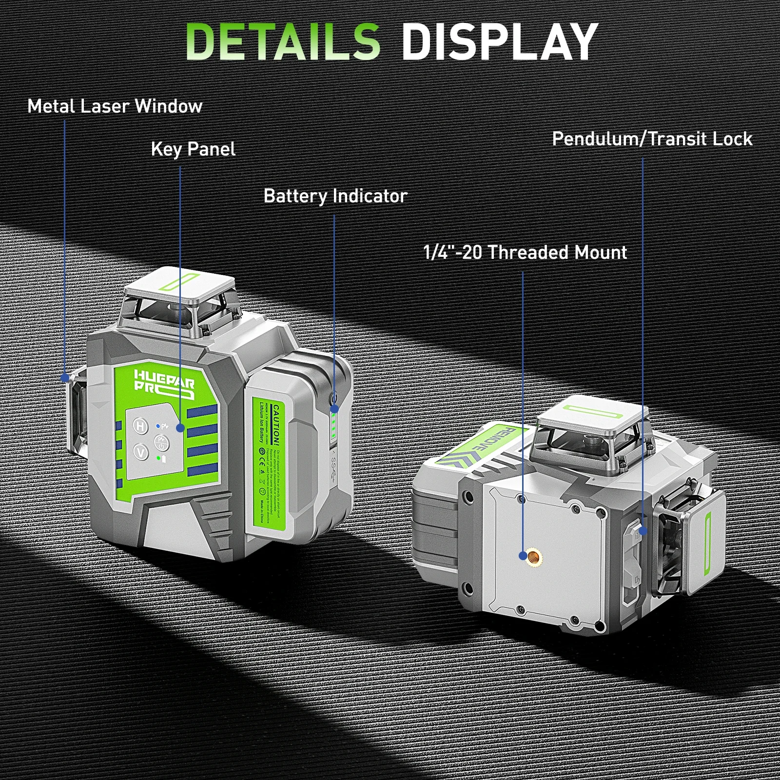 Huepar High Accuracy 3D Laser Level Professional 12 Lines Self Leveling Green Beam Cross Line Laser Tool &8000mAh Li-ion Battery