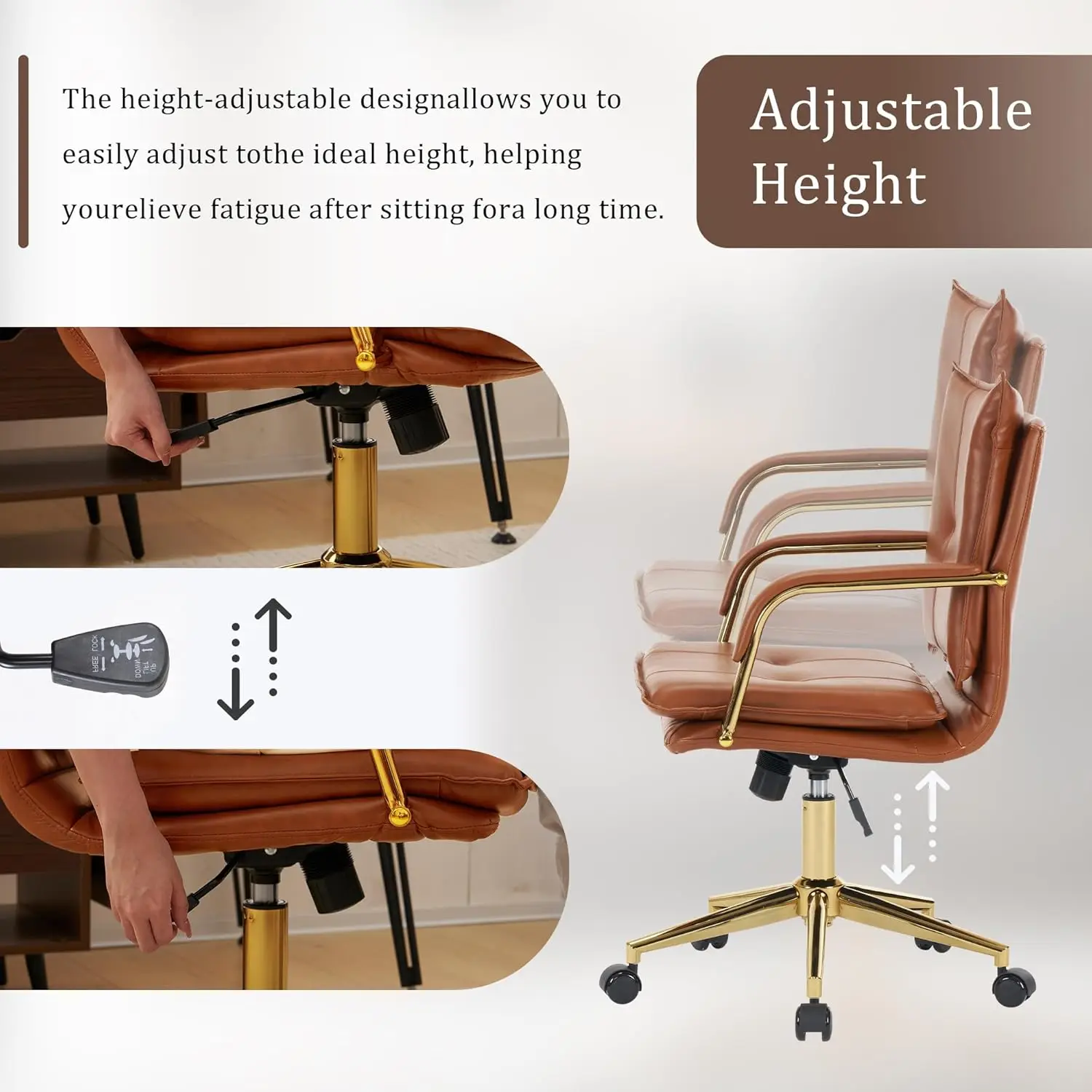 Mid-Back Ergonomic Leather Office Chair, Gold Frame Executive Task Chair (Caramel)