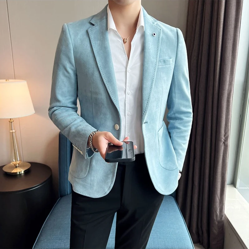 Chaqueta de traje informal de negocios de gamuza de otoño de estilo británico para hombre, Blazers de oficina Social de alta calidad, abrigos de vestir para novio de boda