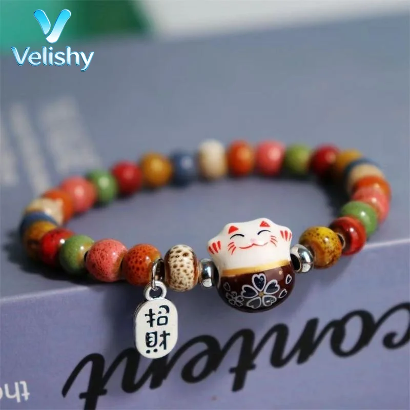 Adjustable Colorful Beaded Lucky Cat Bracelet, Cute Ceramic Cat Charm Jewelry For Girls