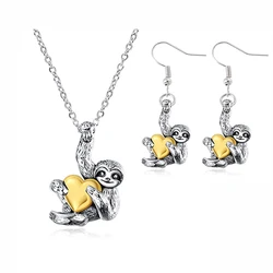 Cute Small Sloth Holding Heart Pendant Necklace For Women Girls Animal Jewelry Gift