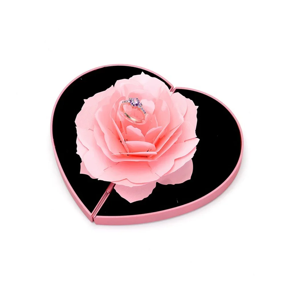 

3D Heart Shape Rose Flower Ring Box Specially Designed For Couples Propose Rotating Diamond Rings Packaging Jewelry Box