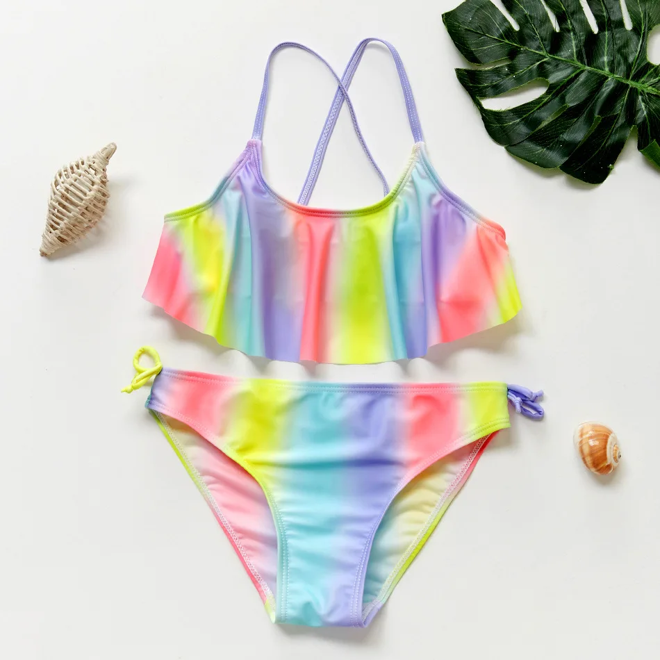 Baby Girls Swimsuit 2 Piece Rainbow Hot Stamping Children's Swimwear Girls Beachwear 3 4 5 6 7 8 9 10 12 Years Swimsuit Children