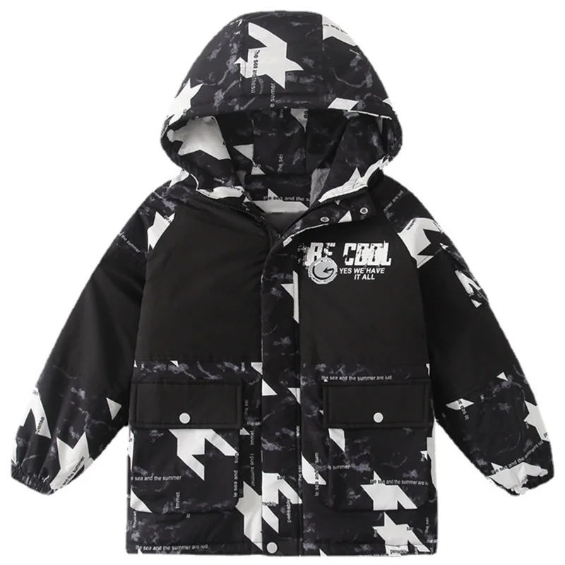 Boys Coat Jacket Cotton Outerwear Windbreak 2023 Hooded Thicken Velvet Winter Warm Teenagers Children\'s Clothing