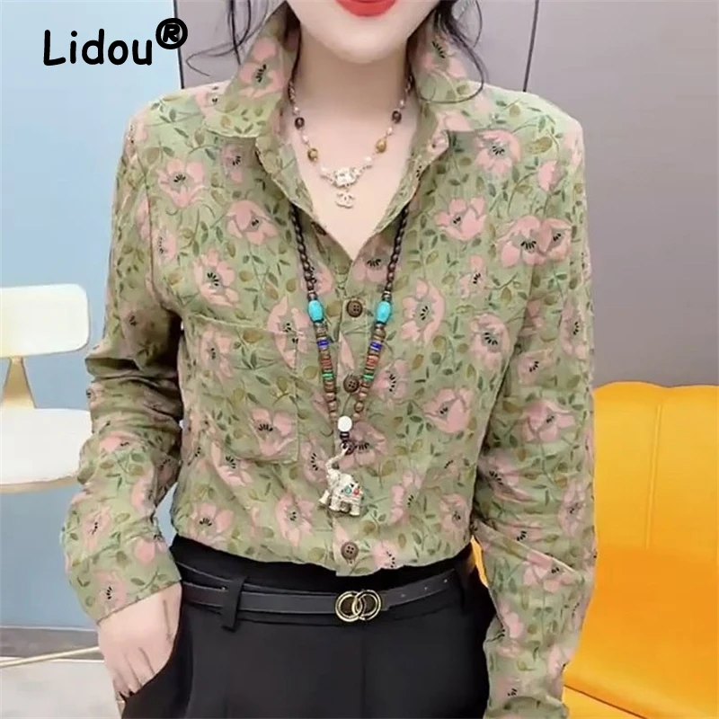 Women Stylish Vintage Floral Print Button Up Shirt Casual Lapel Pocket Cotton Linen Blouse Spring Autumn Long Sleeve Loose Tops