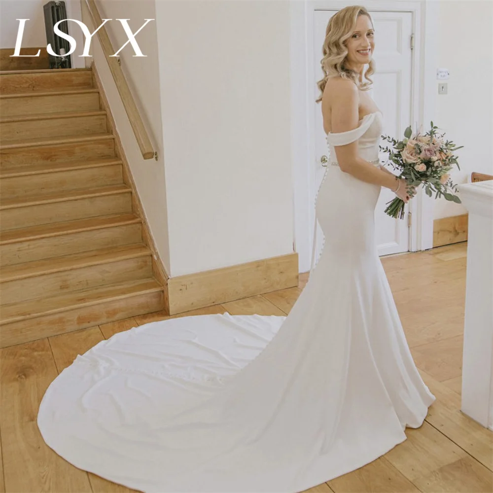 LSYX Off-Shoulder V-Neck Simple Button Mermaid Wedding Dress For Women Elegant Zipper Back Floor Length Bridal Gown Custom Made