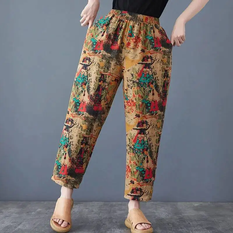 

Women's Pants 2025 Summer Casual High Waist Printed Baggy Pants Vintage Cropped Harem Trousers Female Loose Bottoms