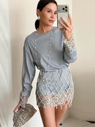 Fashion Solid Color Satin Pearl Mesh Two Piece Set Trendy Long Sleeve Lace Trim Top Fringe Mini Skirt Woman Party Bridal Outfit