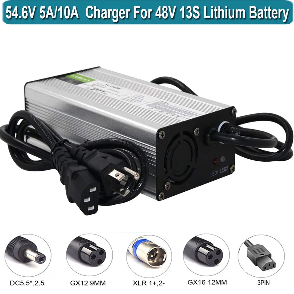 

54.6V 10A / 48V 10A Battery Charger for 48V Li-ion Battery for 13S Lithium Batteries Fast Charge with 3 Pin XLR Plug