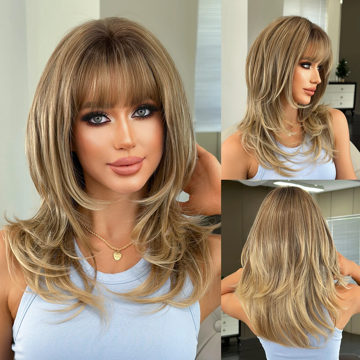 NAMM Long Wavy Blonde Wig With Neat Bangs for Women Dark Roots Heat Resistant Fiber Wig, Natural Synthetic Full Machine Hair Wig