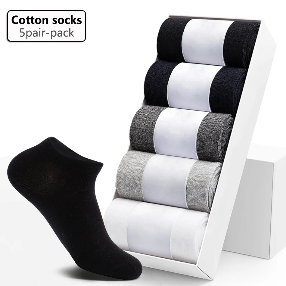 5Pairs Pack Cotton Men Socks Summer Thin Breathable Socks High Quality Low Tube Boat Socks Black Short For Students Size 38-43