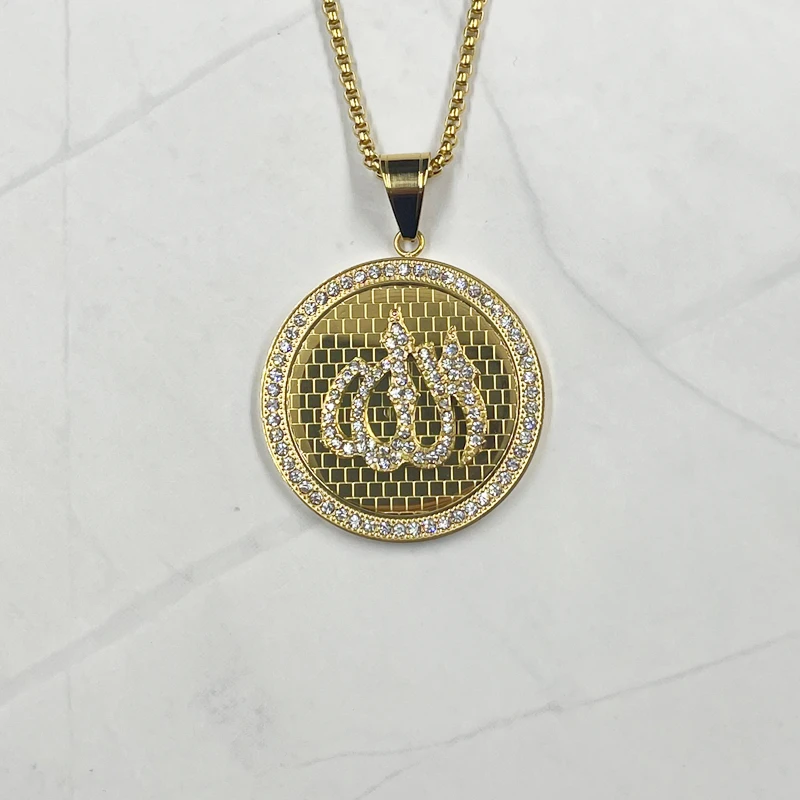 Rrhinestone Bangladesh India Middle East Muslim Islam Ala Religious Jewelry Pendant Men\'s Necklace Gold color Necklaces