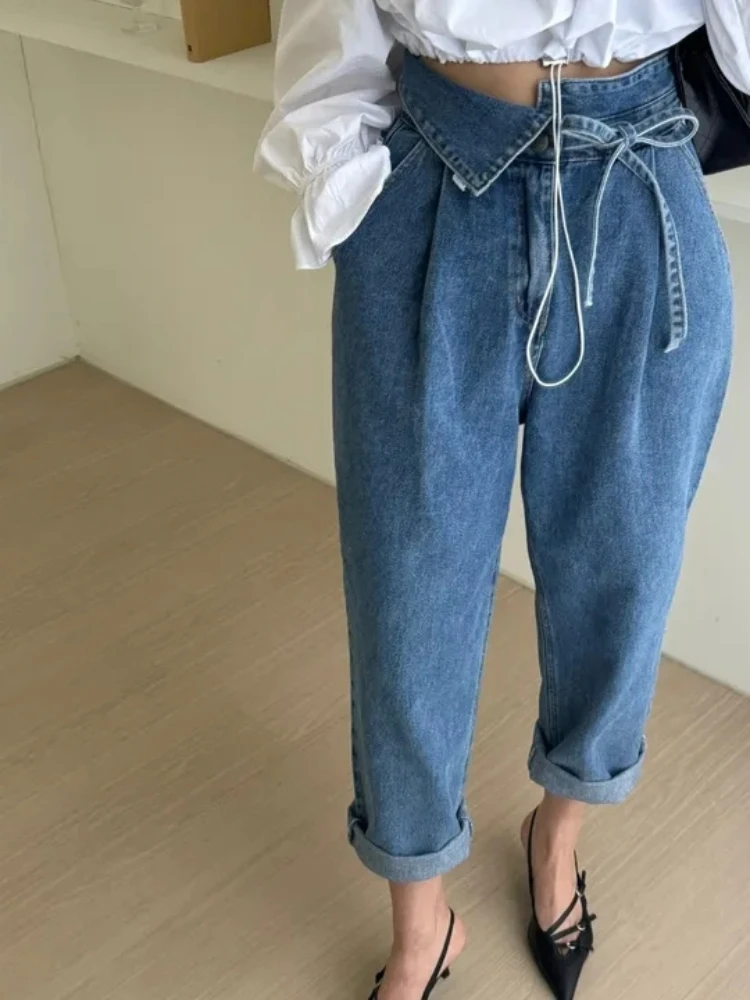 Women High Waist Loose Denim Pants Spring Summer Flip Waist Collar Strap Straight Harlan Jeans Long Pant Streetwear Y2K Trousers