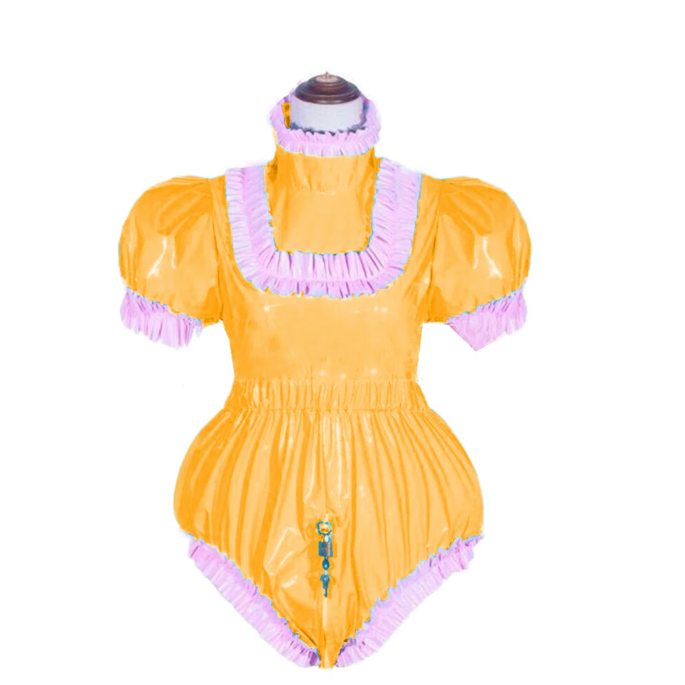 بدلة للجسم سيسي قابلة للقفل بأكمام قصيرة منتفخة من مادة PVC للبالغين زي خادمة فرنسية وسحاب خلفي إلى المنشعب بياقة مدورة متقاطعة 7XL #6