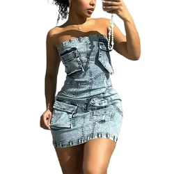 Women Slim Wrap Hip Dresses 3D Pocket Decoration Denim Dress Fashion Sexy Sleeveless Backless Female Gown Trend Streetwear 2024