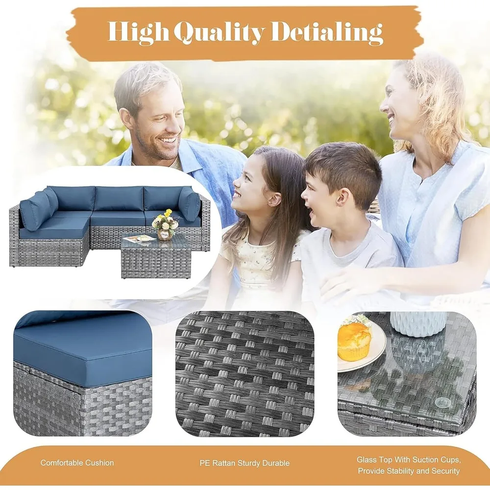 5pcs Patio Outdoor Furniture Sets Conversation Set,Low Back All-Weather Rattan Sectional Sofa with Tea Table&Washable Couch