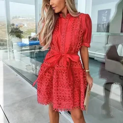 New Women Embroidery Hollow Stand Collar Party Dress Spring Short Sleeve Single-Breasted Mini Dress Sexy Lace Office Shirt Dress