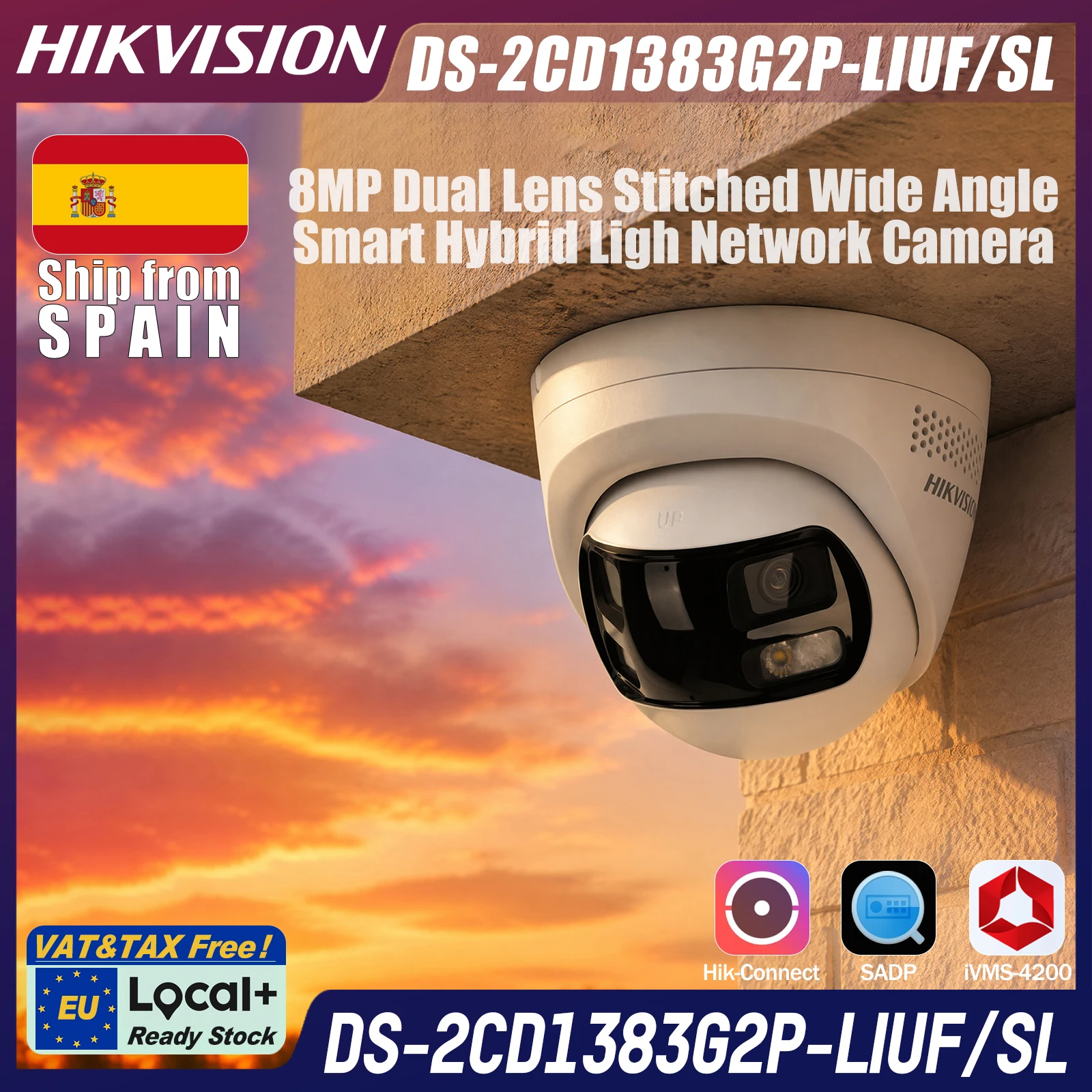 DS-2CD1383G2P-LIUF/SL Hikvision Local+ telecamera IP turret PoE 8MP doppia lente 180° Panoramic, 30m Smart Hybrid Light, strobo e allarme audio, audio bidirezionale, rilevamento uomo/veicolo, 120dB