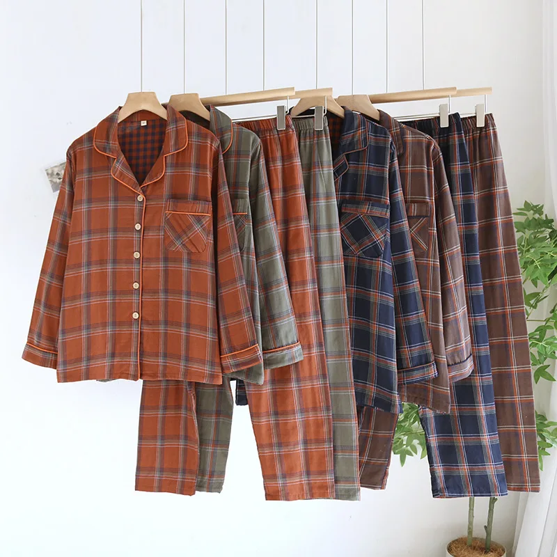 

Весенне-осенние повседневные пижамные комплекты для пар в клетку, мужские фланелевые пижамы из 100% хлопка, костюм с длинными рукавами и отложным воротником, домашняя одежда