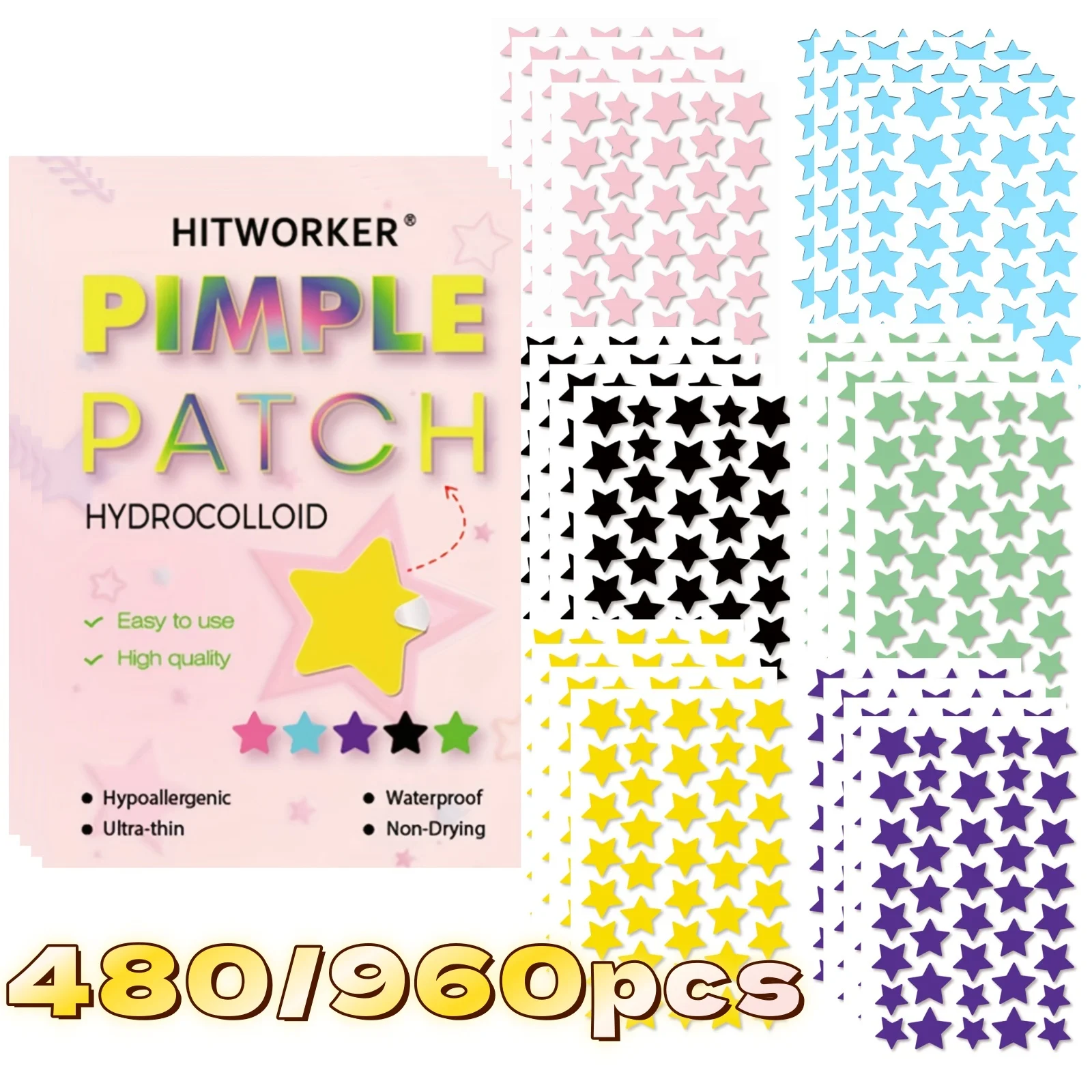 6 Colors 480/960PCS Star-Shaped Hydrocolloid Acne Patches - Cute Star Design, Facial Blemish Coverage