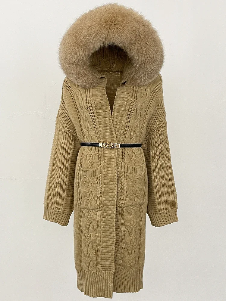 

Women Hooded Real Fox Fur Cardigan Jacket New Autumn Winter Knitted Clothes Fashion Thick Warm Belt Sweater Coat Female