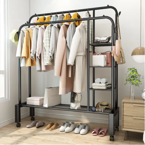 

Moving Steel Black Garment Rail Clothing Display Racks With Wheels