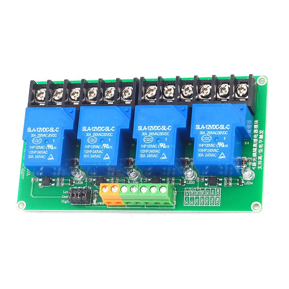 4 Channel relay module 30A with optocoupler isolation 5V 12V 24V supports high and low Triger trigger