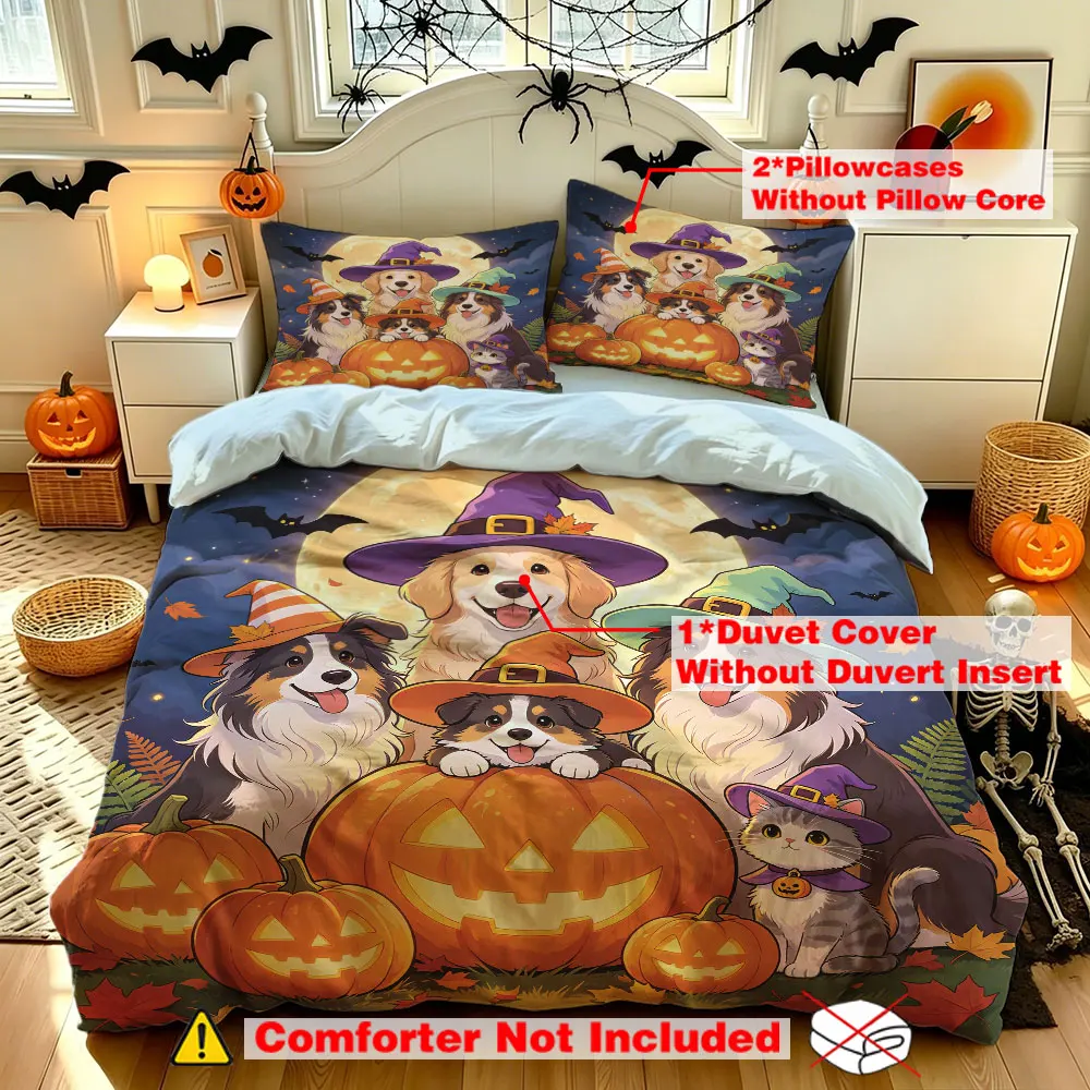 3pcs(1 duvet cover + 2 pillowcases, coreless)Halloween dog and cat pumpkin lantern moonlit night scene set multiple sizes