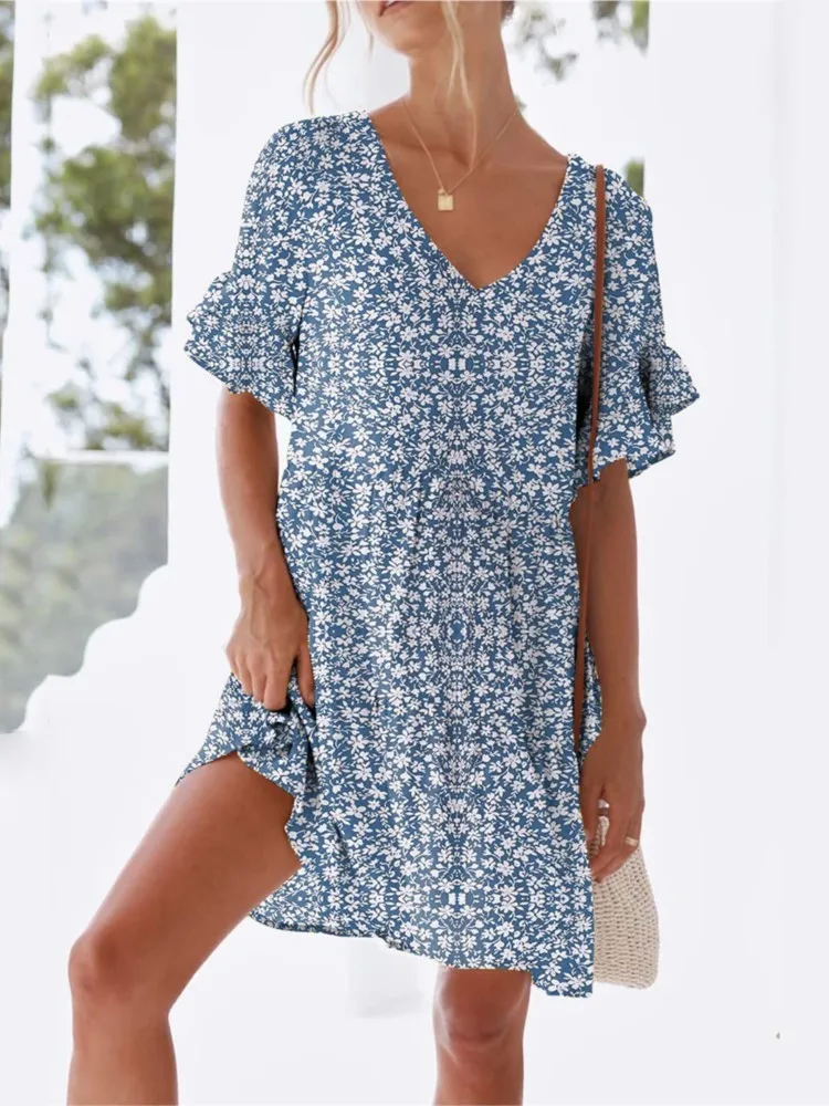 Summer New Printed Lotus Leaf Short-sleeved Loose V-neck Women's Dress Fashion Pocket Splicing Large Swing Female Seaside Dress