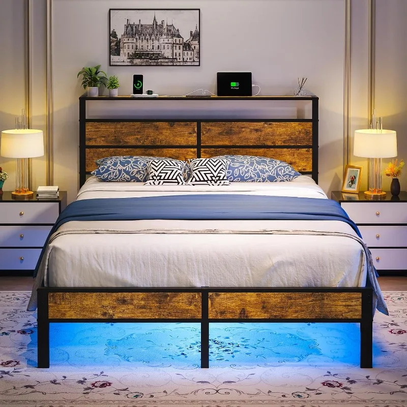 Queen Size Bed Frame with USB Type C Charging Station Headboard,Smart LED Lights, Metal Platform Noise Free,No Box Spring Needed