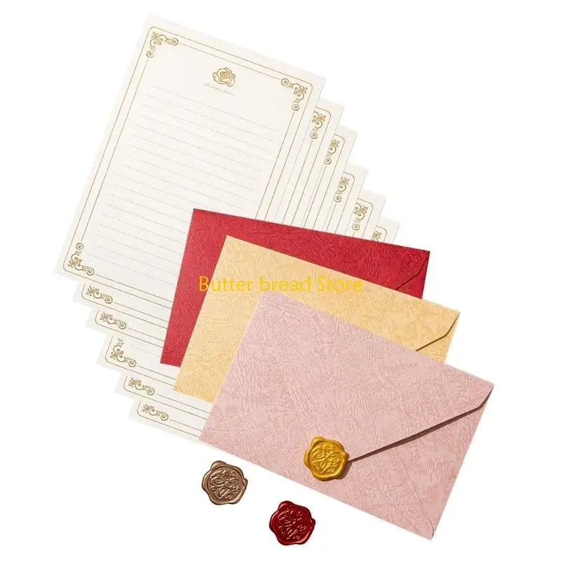 W89C 6Pcs Writting Paper Letter Set with 3 Matching Envelopes 3 Seal Stamp Sticker