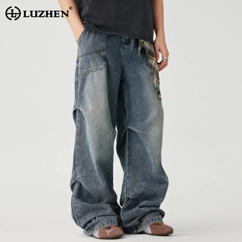 

LUZHEN Personalized Fold Gradient Washed Baggy Straight Jeans Men's 2025 New Fashion Original Wide Leg Casual Denim Pants JY3092