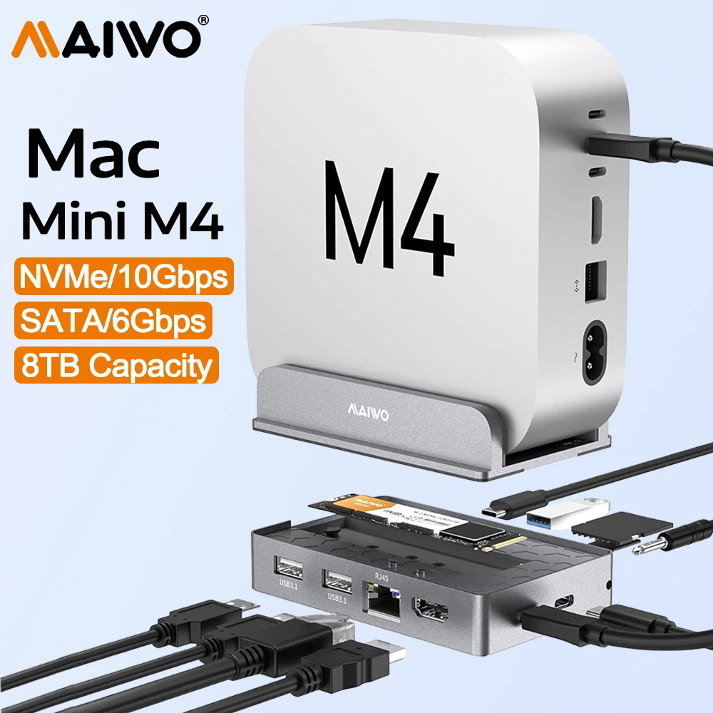 MAIWO Mac mini M4 Dock & Stand with M.2 SATA NVMe Enclosure Case 6/10Gbps 9-in-1 M4 Pro Hub USB HUB 8TB Capacity with SD/TF Slot