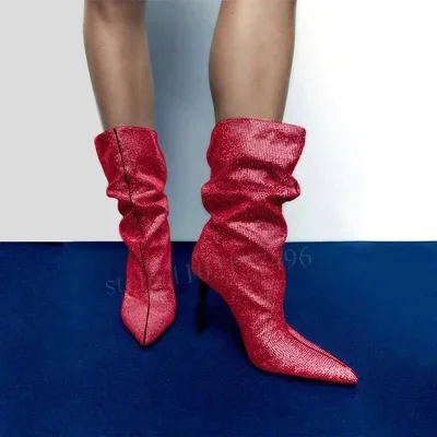 

Fold Stacked Bling Boots Elegant Woman Crystal Diamond Heels Rhinestone Fringe Ankle Calf Booties Pointed Toe Slip On Sexy Shoes